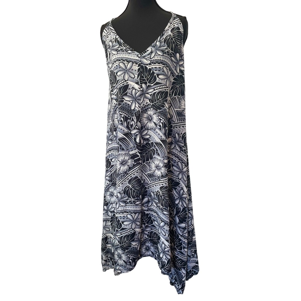 Makai Beach Hawaii Sharkbite Dress Womens XL Black White Tropical Rayon V-Neck